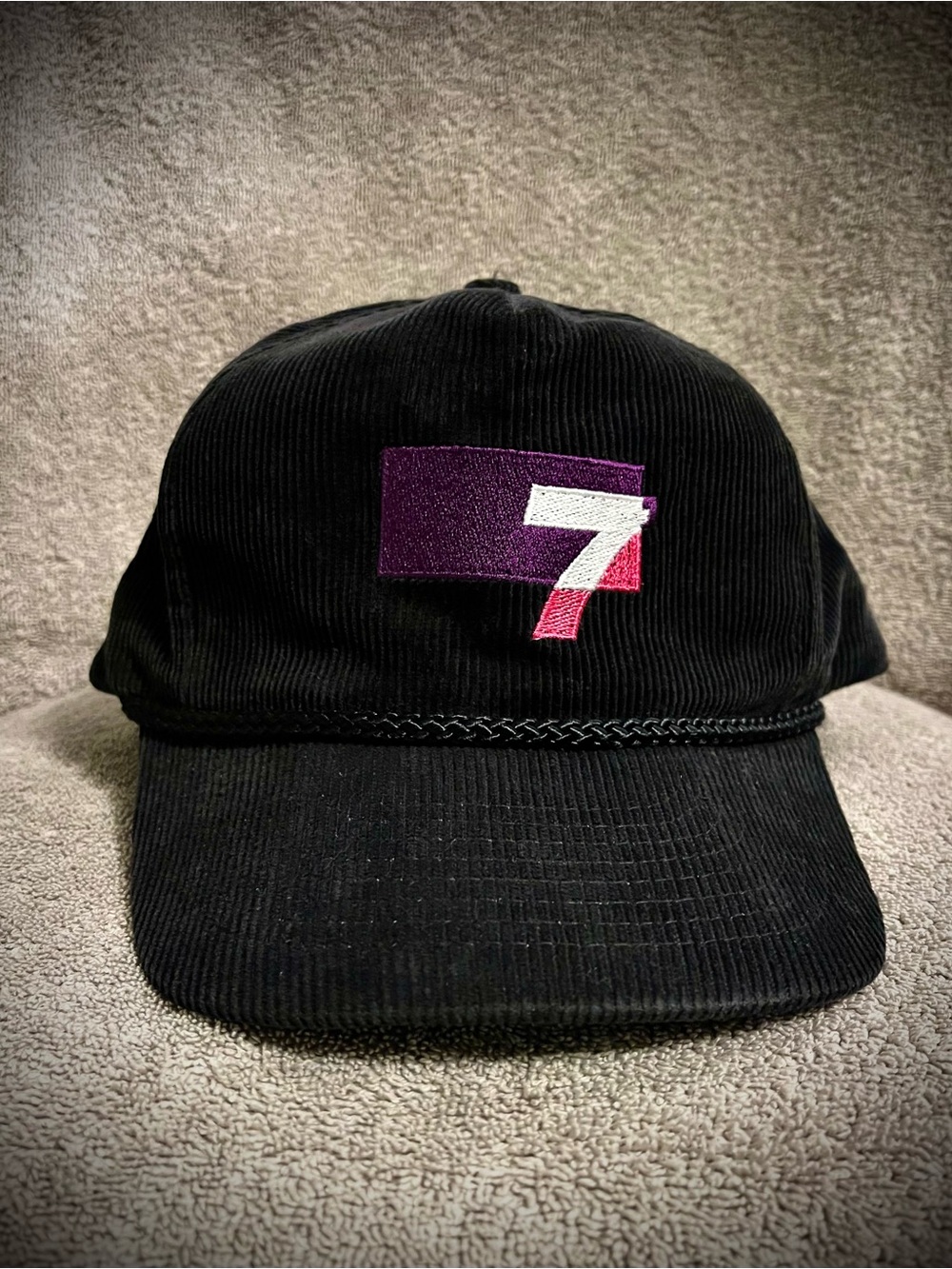 BMW 80’s vintage Black Corduroy SnapBack Cap with Purple and Pink 7series logo